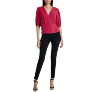 BCBGMAXAZRIA Red Wrap Blouse Puff Sleeve Peplum Top V Neck Designer Medium NWT